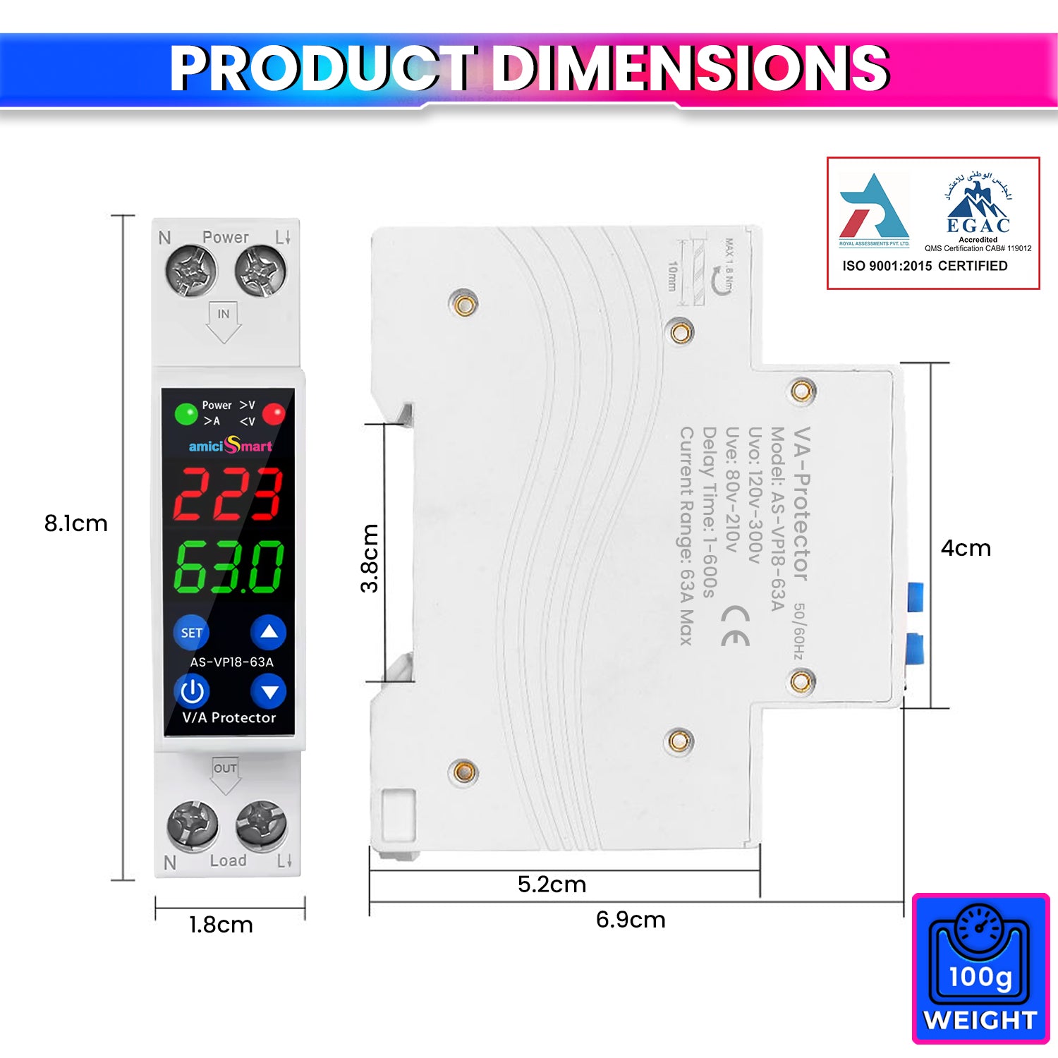 63A 18mm Digital Voltage Protector | Dual Display | Auto Recovery | 230VAC (13.8kW)
