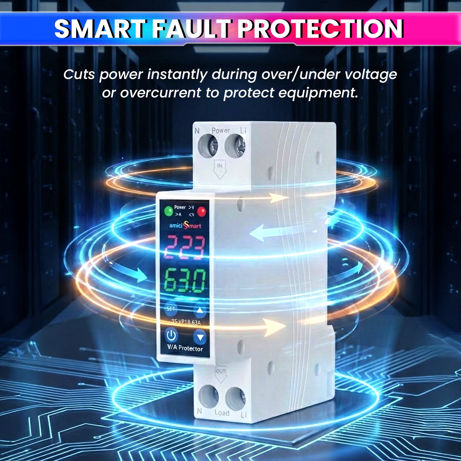 63A 18mm Digital Voltage Protector | Dual Display | Auto Recovery | 230VAC (13.8kW)