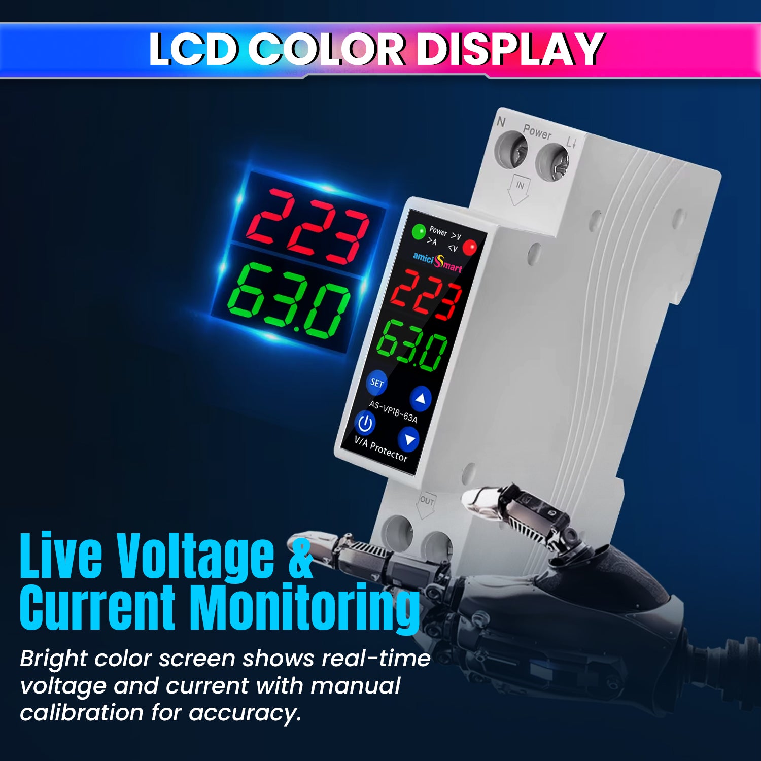 63A 18mm Digital Voltage Protector | Dual Display | Auto Recovery | 230VAC (13.8kW)