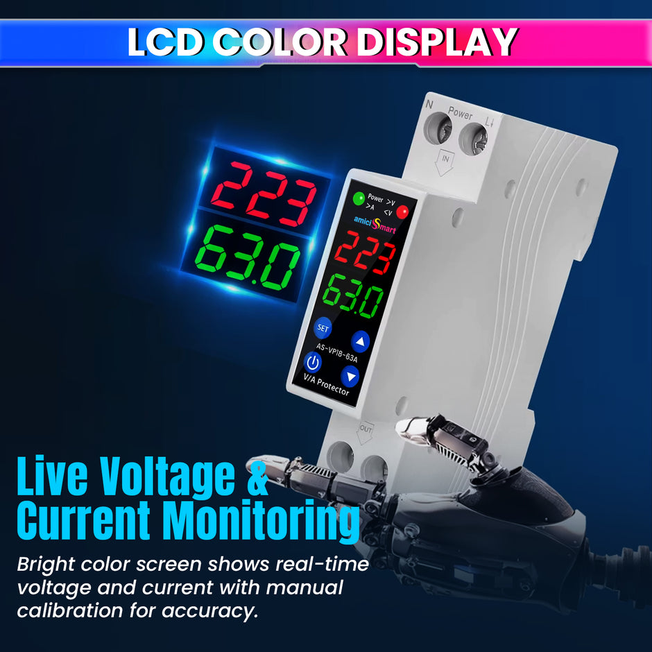 63A 18mm Digital Voltage Protector | Dual Display | Auto Recovery | 230VAC (13.8kW)
