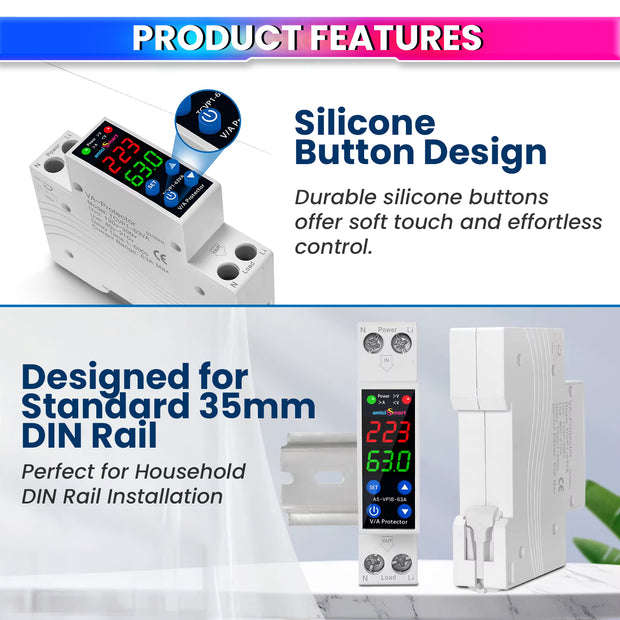 63A 18mm Digital Voltage Protector | Dual Display | Auto Recovery | 230VAC (13.8kW)