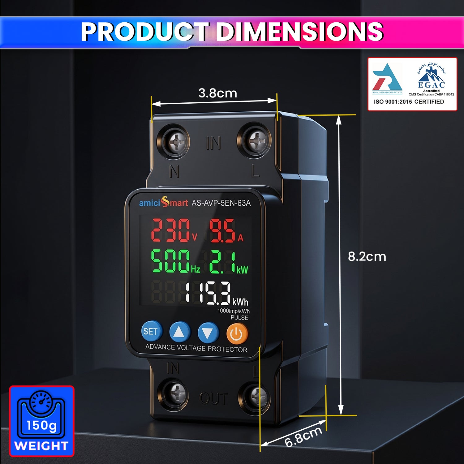 5-in-1 Smart Electrical Protection & Energy Meter Over/Under Voltage, 63A Overcurrent Protection