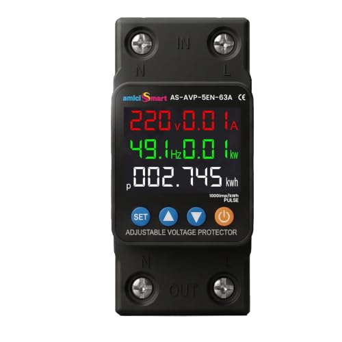 Front view of amiciSmart 5-in-1 63A voltage protector and energy meter