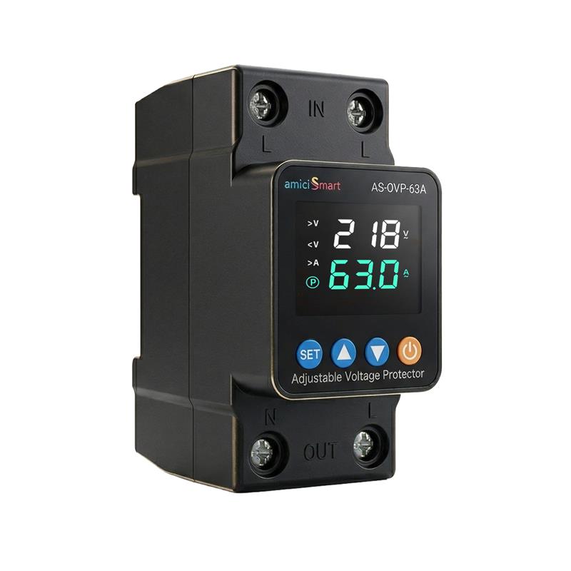 Automatic Over/Under Voltage and Overload Protection Device 63A DIN-Rail with LED Display Adjustable Reconnect & Auto Recovery