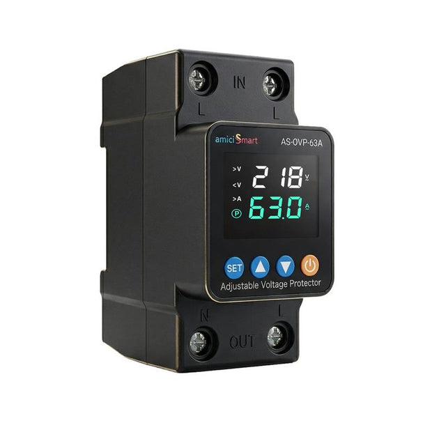 Automatic Over/Under Voltage and Overload Protection Device 63A DIN-Rail with LED Display Adjustable Reconnect & Auto Recovery