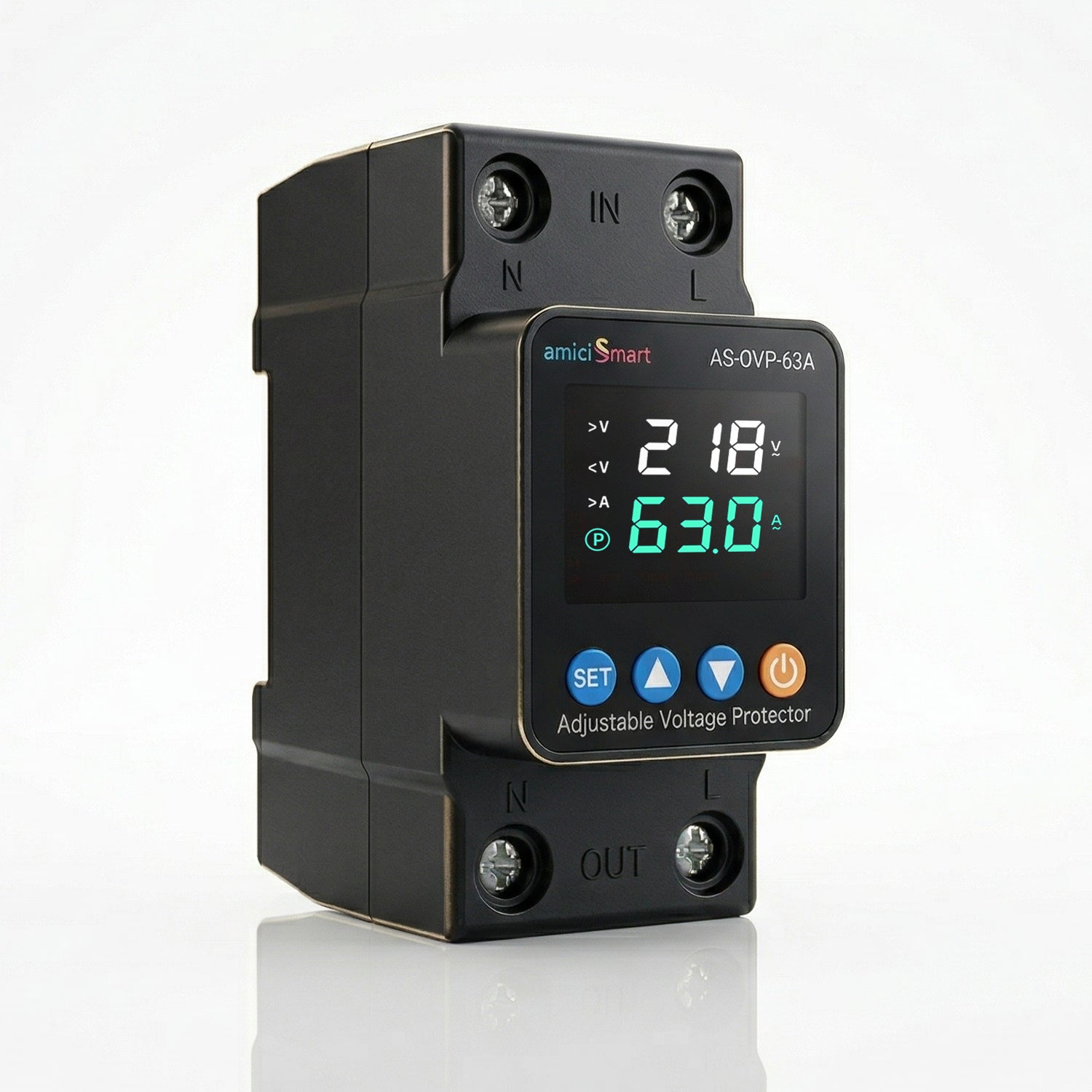 Automatic Over/Under Voltage and Overload Protection Device 63A DIN-Rail with LED Display Adjustable Reconnect & Auto Recovery