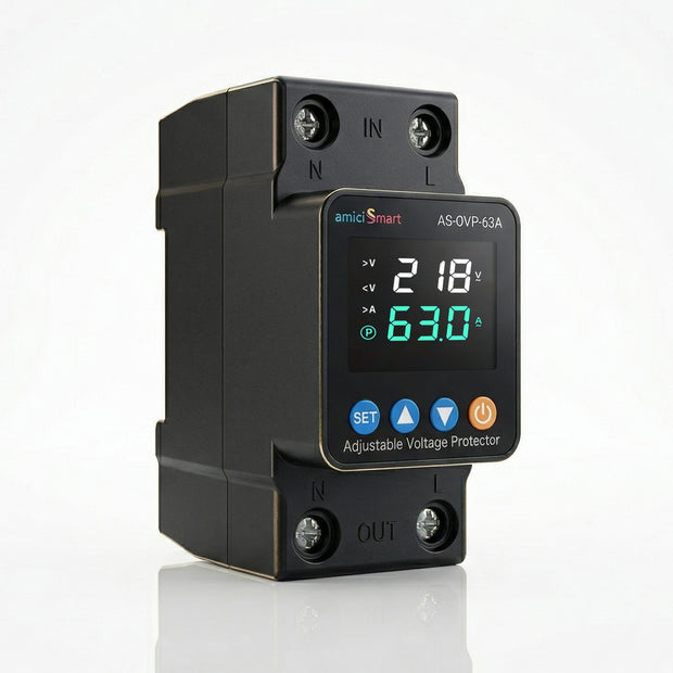 Automatic Over/Under Voltage and Overload Protection Device 63A DIN-Rail with LED Display Adjustable Reconnect & Auto Recovery