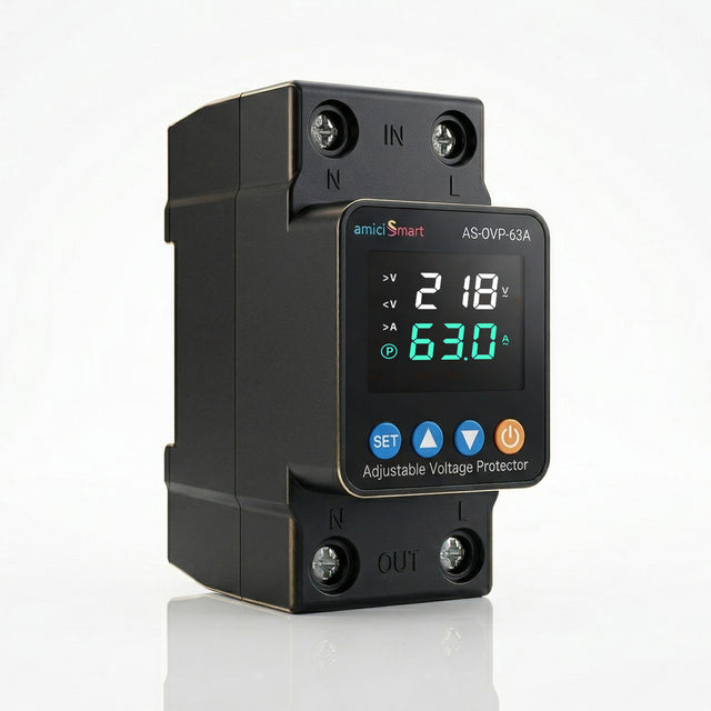 Automatic Over/Under Voltage and Overload Protection Device 63A DIN-Rail with LED Display Adjustable Reconnect & Auto Recovery