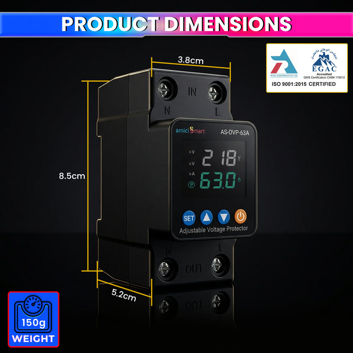 Automatic Over/Under Voltage & Overload Protection Device with Adjustable Settings, LED Display & Weather-Proof Cover