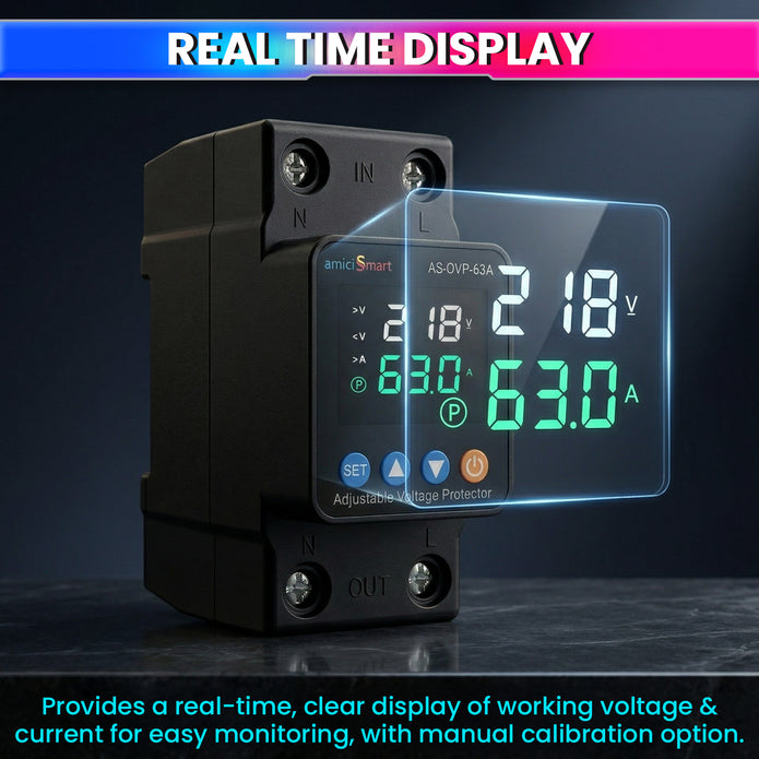 Automatic Over/Under Voltage and Overload Protection Device 63A DIN-Rail with LED Display Adjustable Reconnect & Auto Recovery