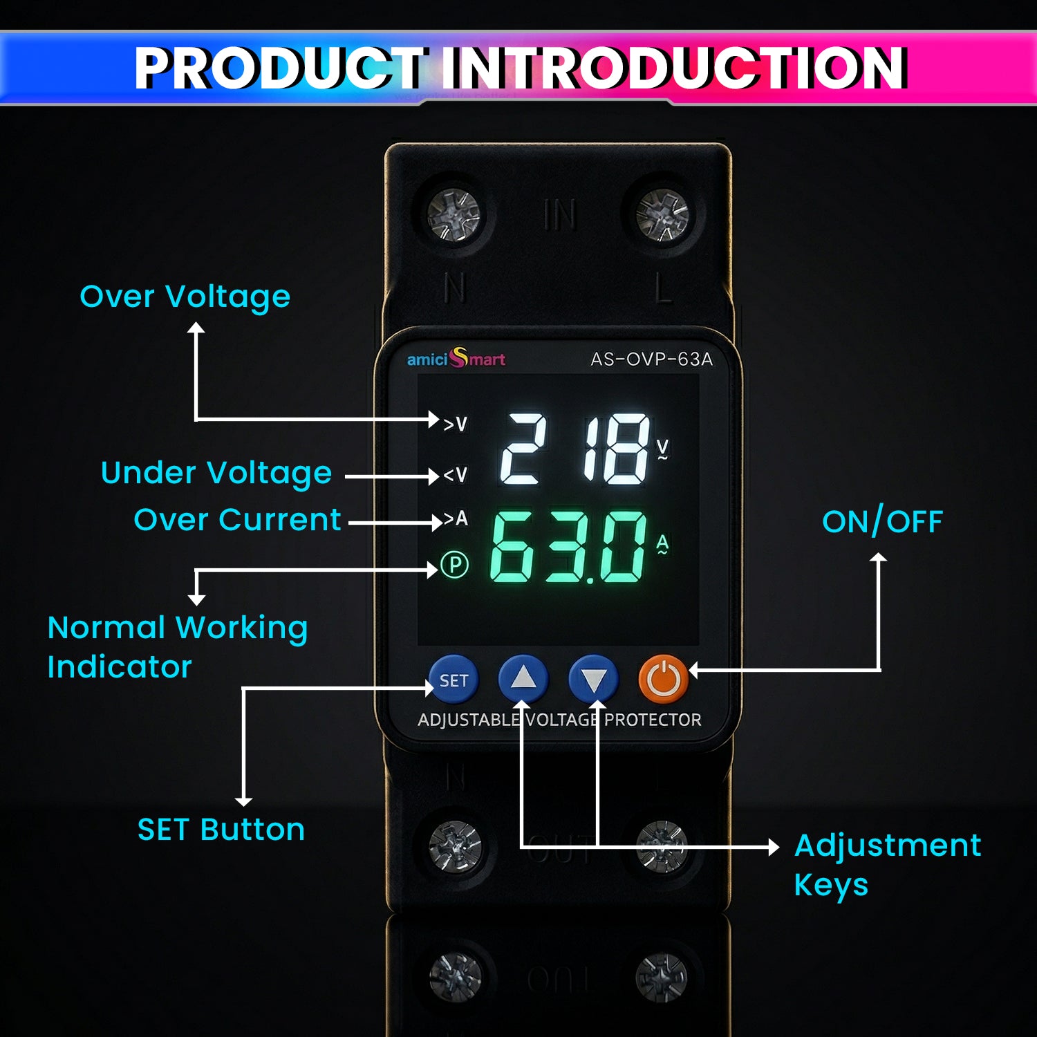 Automatic Over/Under Voltage and Overload Protection Device 63A DIN-Rail with LED Display Adjustable Reconnect & Auto Recovery