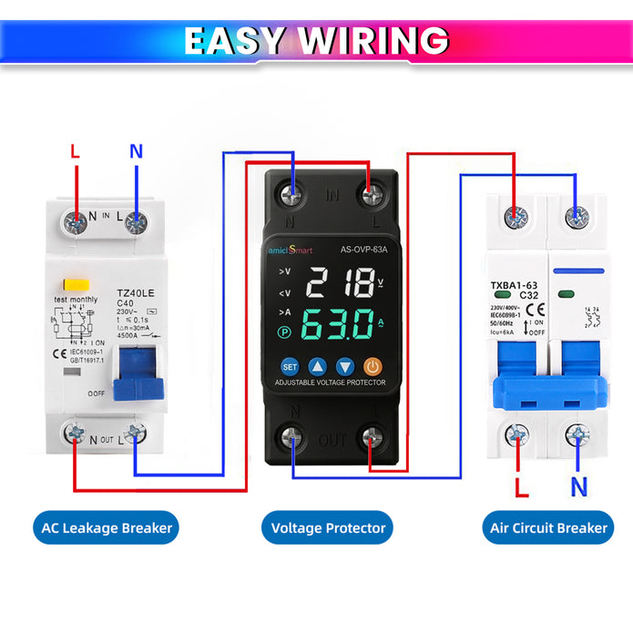 Automatic Over/Under Voltage and Overload Protection Device 63A DIN-Rail with LED Display Adjustable Reconnect & Auto Recovery