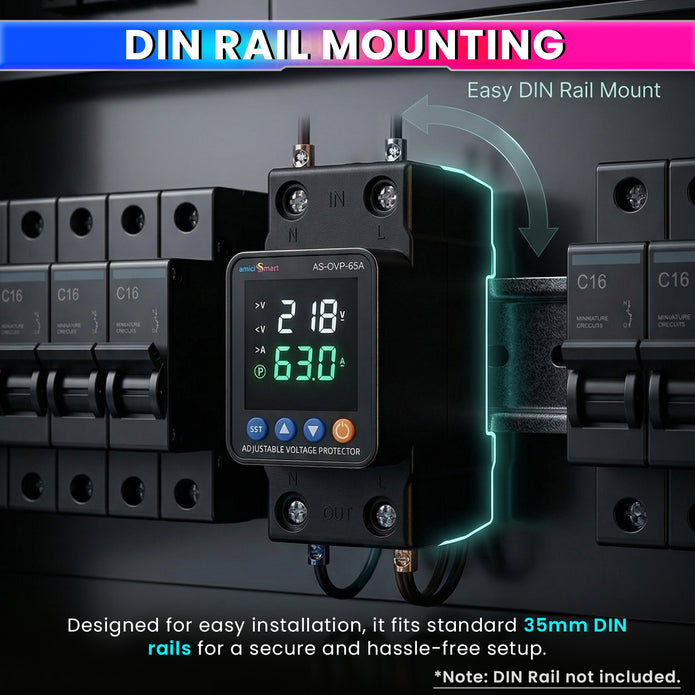 Automatic Over/Under Voltage and Overload Protection Device 63A DIN-Rail with LED Display Adjustable Reconnect & Auto Recovery