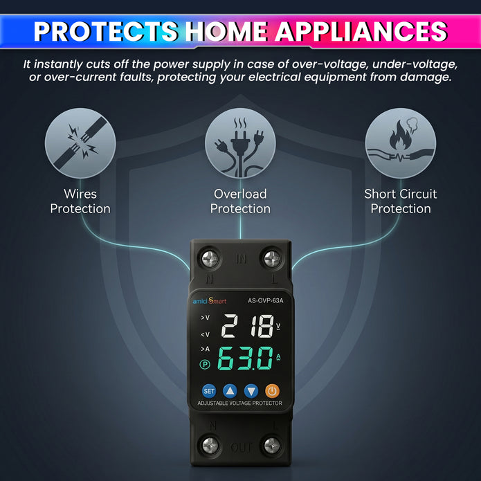 Automatic Over/Under Voltage and Overload Protection Device 63A DIN-Rail with LED Display Adjustable Reconnect & Auto Recovery