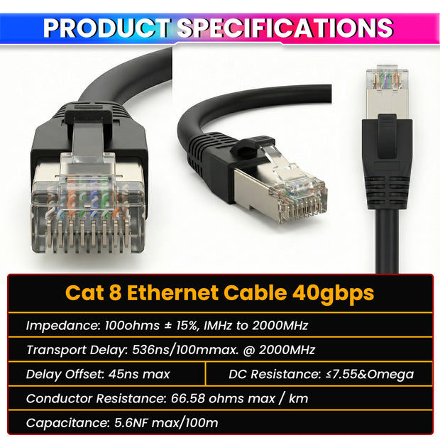 Cat 8 Ethernet Cable 3 Meter | 40Gbps Ultra High-Speed LAN Cable for Gaming, Routers