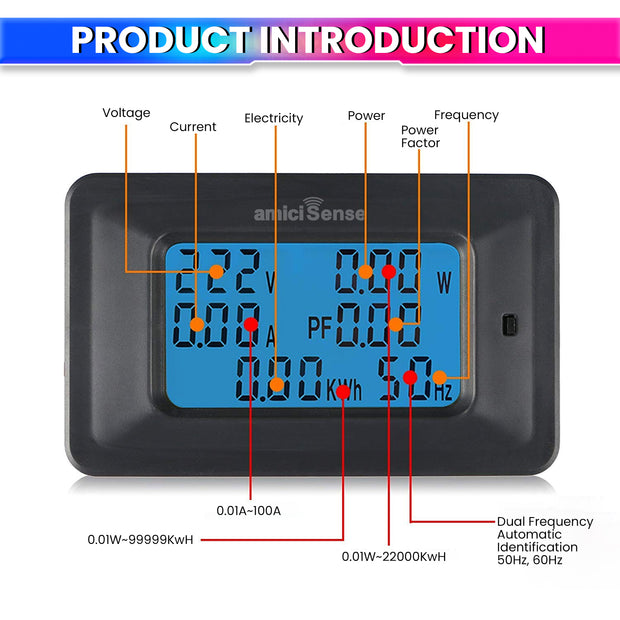 Digital Energy Meter with Blue Backlight Multifunction Power Meter for Voltage, Current, Frequency & Energy Monitoring (AC 5KW 20A)