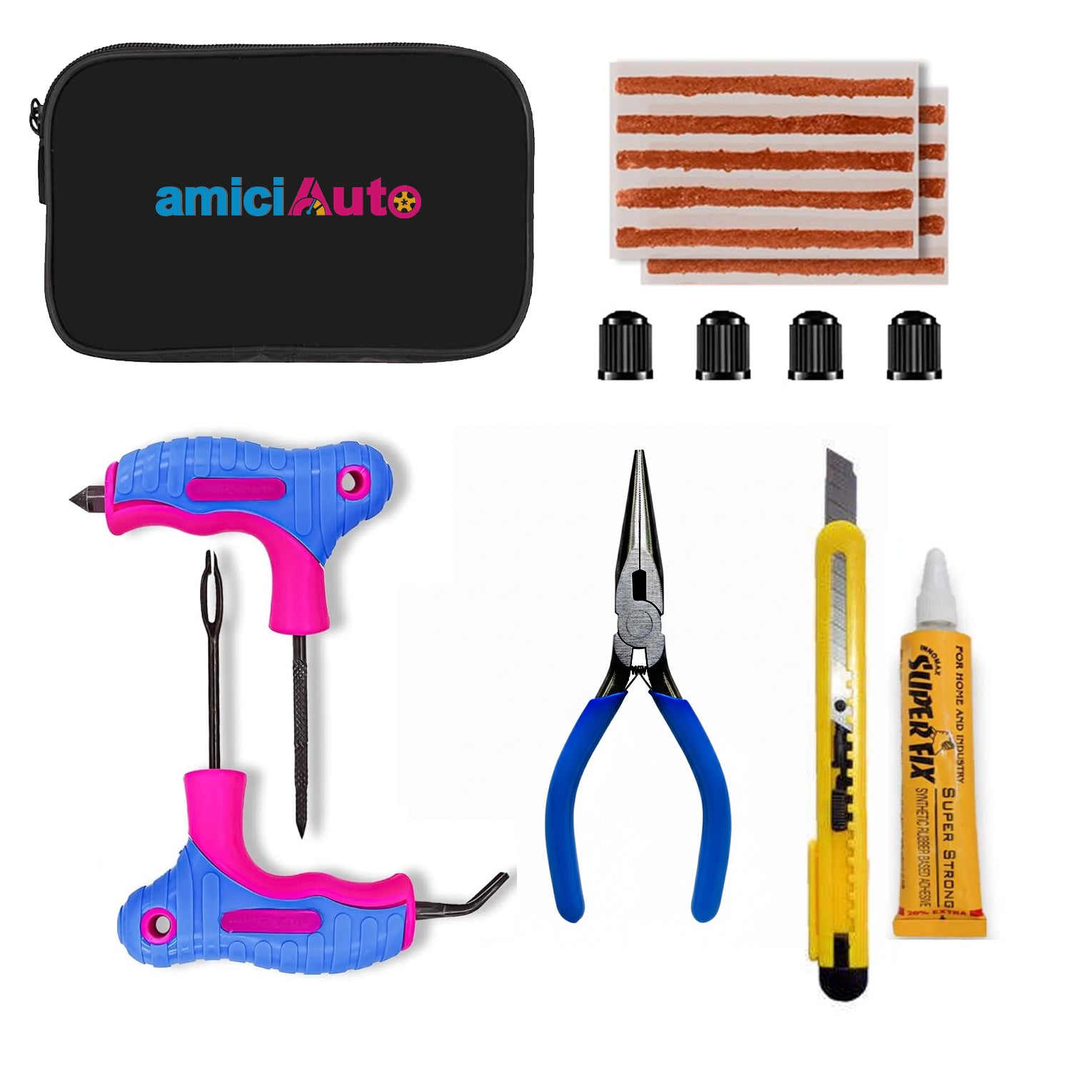 Tubeless Tyre Puncture Repair Kit – Heavy-Duty Reamer & Probe, Nose-Plier, Cutter & Valve Caps – Complete Motorcycle/Car Tyre Repair Set