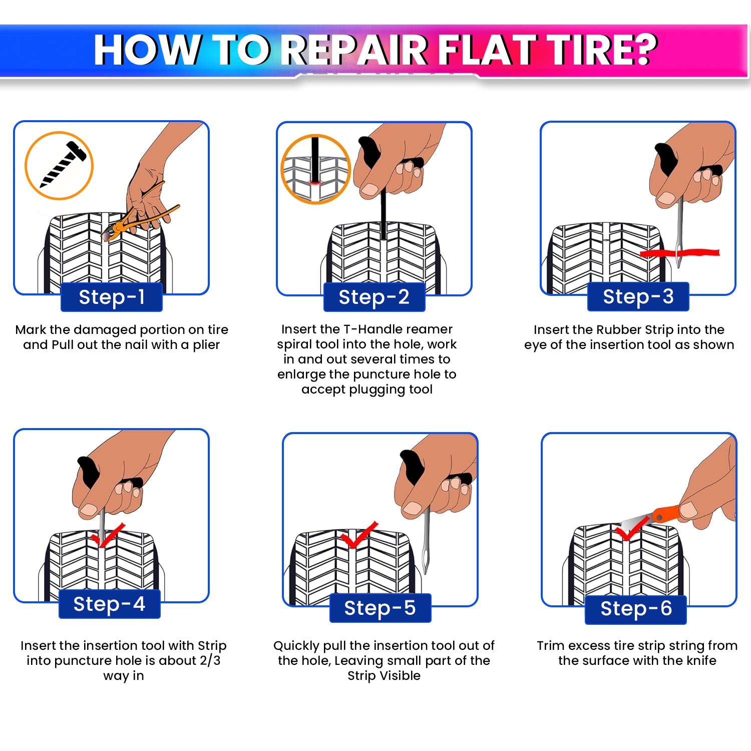 Tubeless Tyre Puncture Repair Kit – Heavy-Duty Reamer & Probe, Nose-Plier, Cutter & Valve Caps – Complete Motorcycle/Car Tyre Repair Set