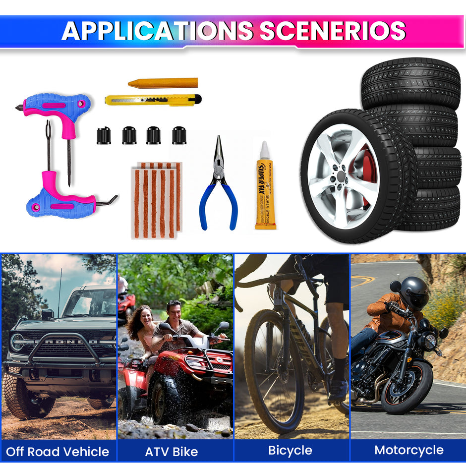 Tubeless Tyre Puncture Repair Kit – Heavy-Duty Reamer & Probe, Nose-Plier, Cutter & Valve Caps – Complete Motorcycle/Car Tyre Repair Set