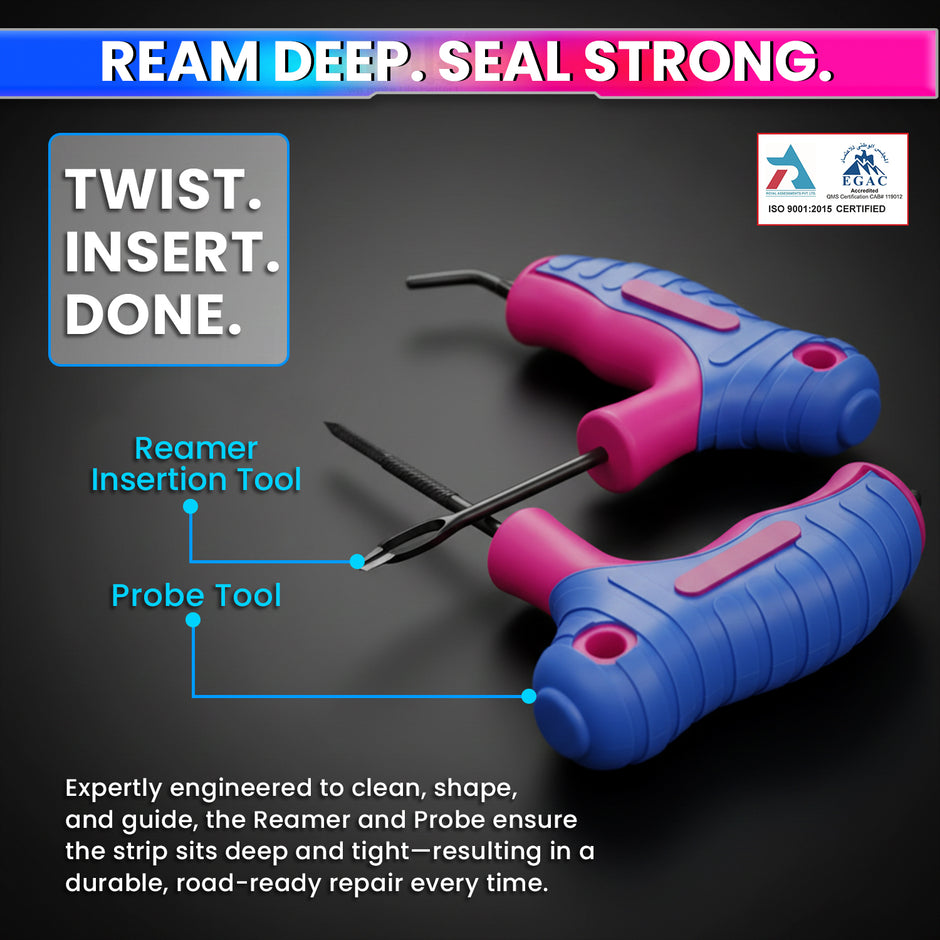 Tubeless Tyre Puncture Repair Kit – Heavy-Duty Reamer & Probe, Nose-Plier, Cutter & Valve Caps – Complete Motorcycle/Car Tyre Repair Set