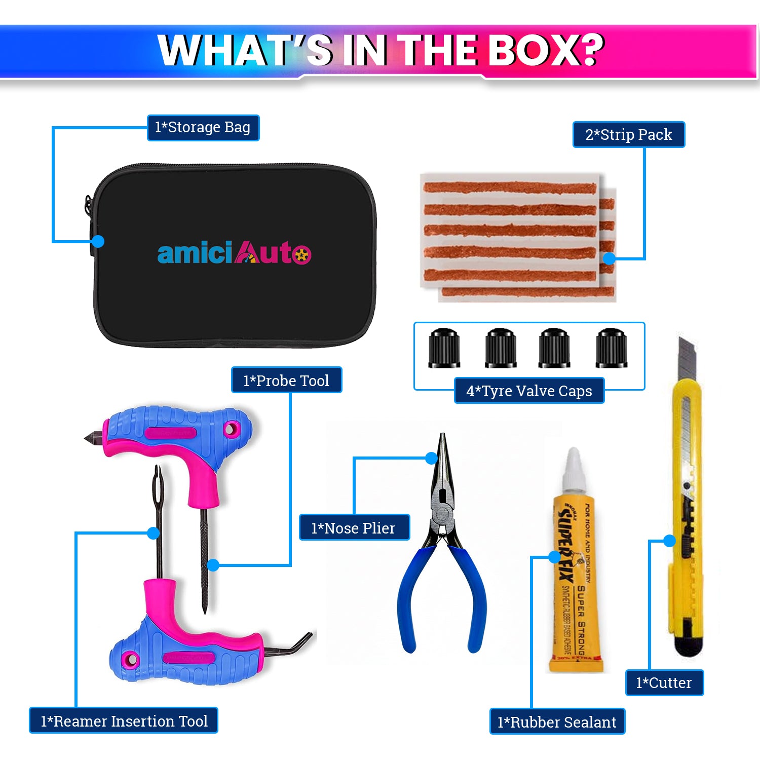 Tubeless Tyre Puncture Repair Kit – Heavy-Duty Reamer & Probe, Nose-Plier, Cutter & Valve Caps – Complete Motorcycle/Car Tyre Repair Set