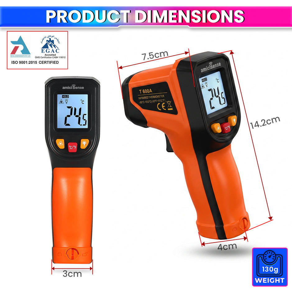 Infrared Thermometer for Industrial Use, -50°C to 600°C Laser Temperature Gun with Fast Measurement