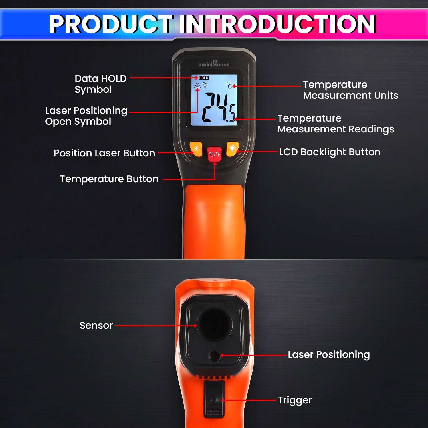 Infrared Thermometer for Industrial Use, -50°C to 600°C Laser Temperature Gun with Fast Measurement