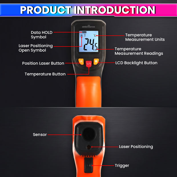 Infrared Thermometer for Industrial Use, -50°C to 600°C Laser Temperature Gun with Fast Measurement