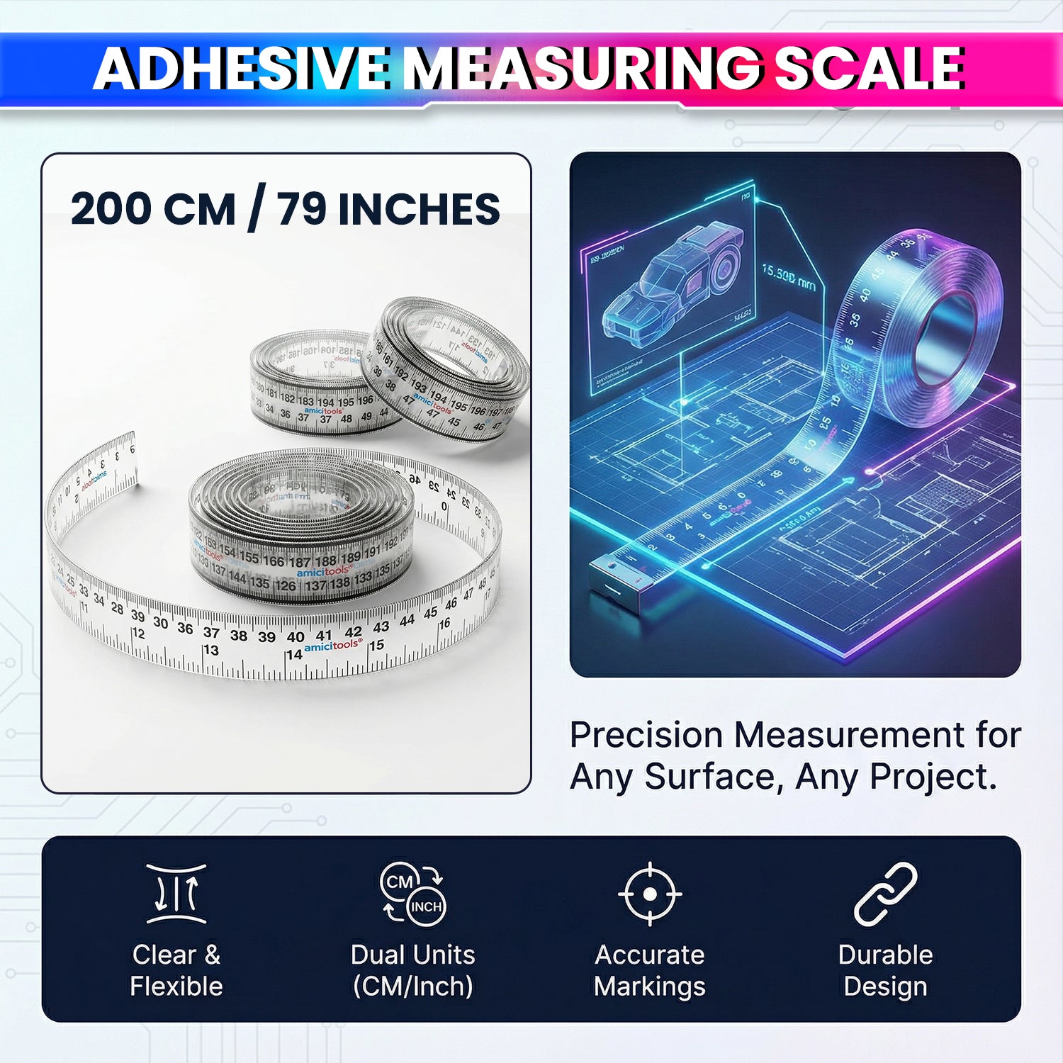Self-Adhesive Tape Measure Ruler 200 cm / 79 Inch | Sticky Measuring Scale  (Pack of 2)