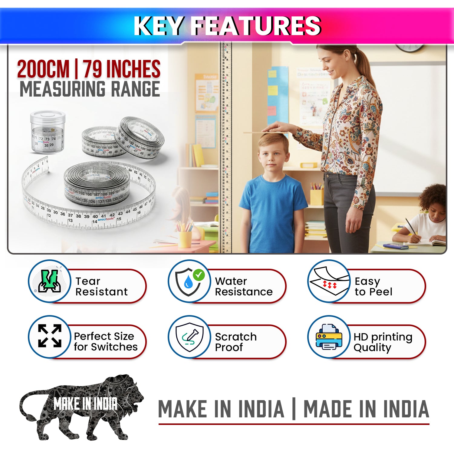 Self-Adhesive Height Measuring Tape Ruler 200 cm / 79 Inch  (Pack of 2)