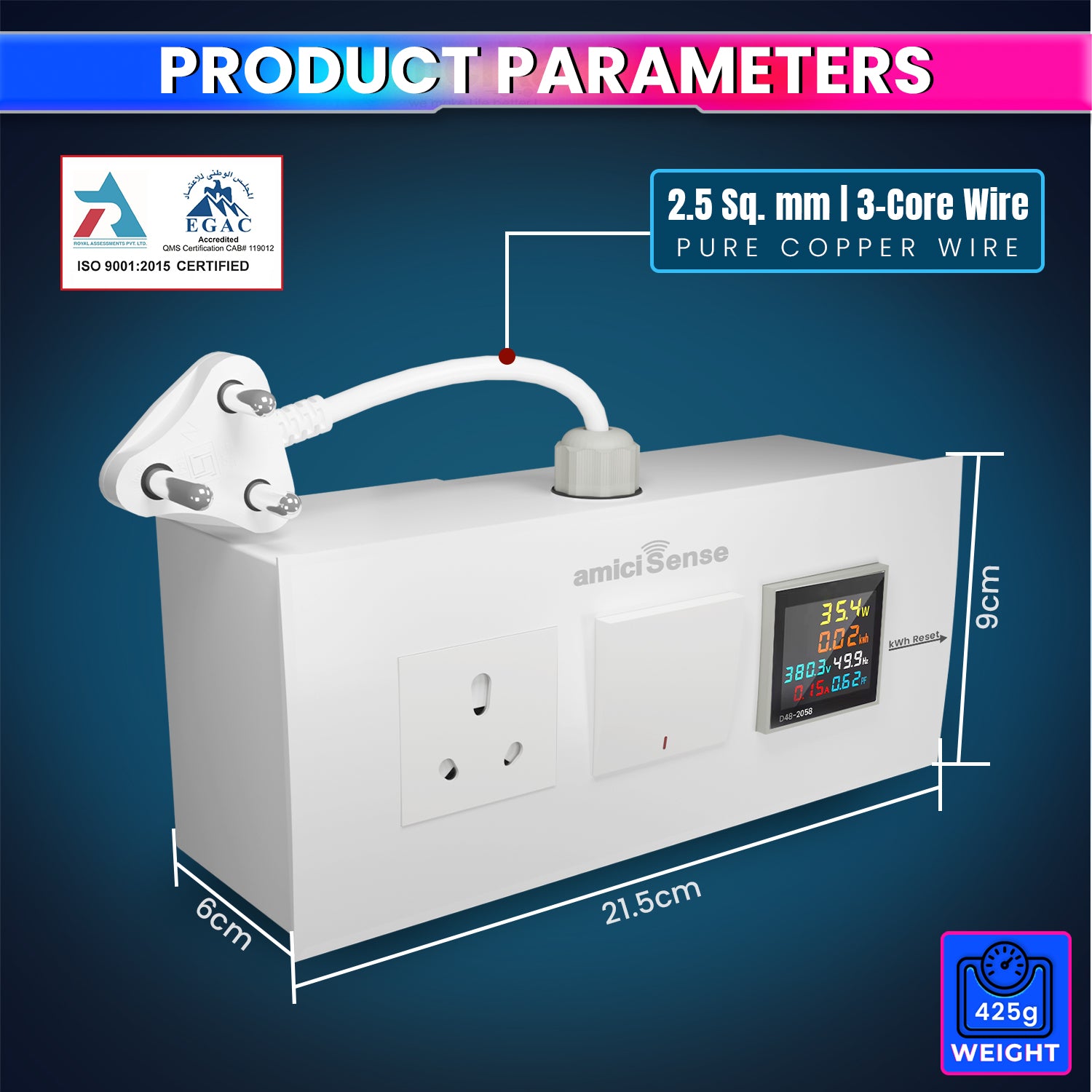 Energy Meter Socket Board with 6-in-1 Digital Power Meter, 16A Socket & 16A Switch with Durable 4-Inch Wire