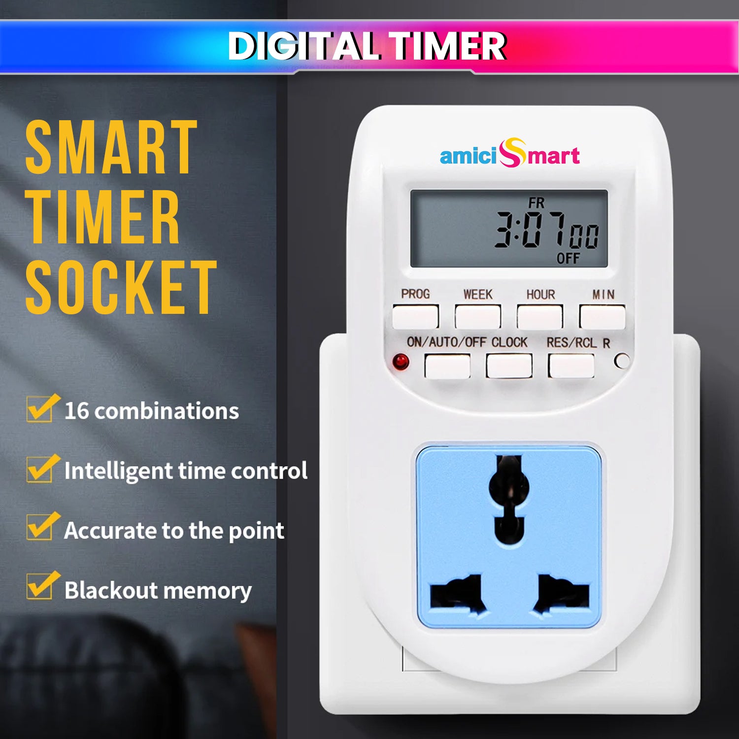 Digital Socket Timer Switch Outlet | 24×7 Programmable Plug Timer with 16 ON/OFF Settings, Hour-Minute-Week Control