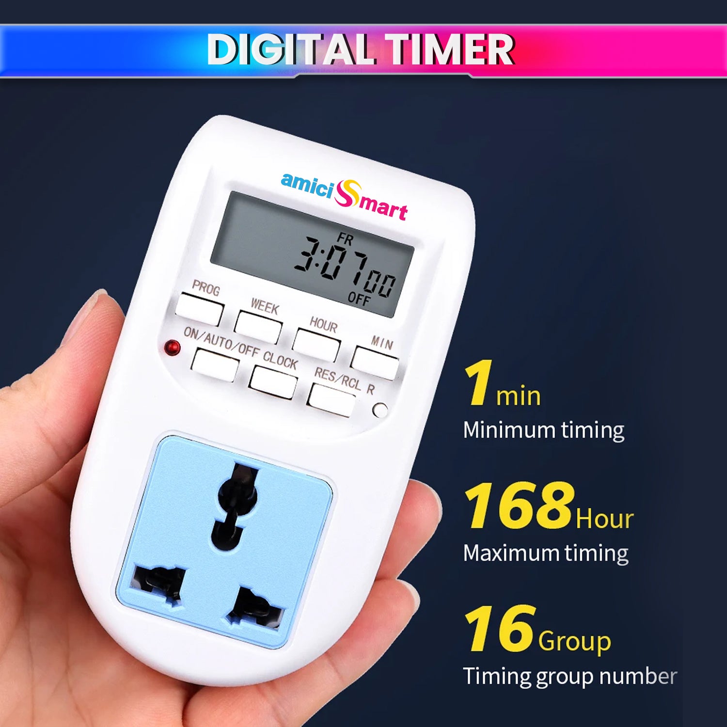Digital Socket Timer Switch Outlet | 24×7 Programmable Plug Timer with 16 ON/OFF Settings, Hour-Minute-Week Control