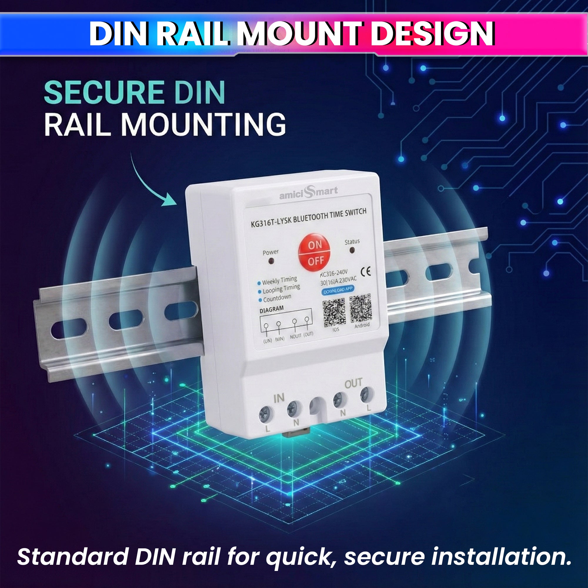 230V AC 30A Bluetooth Programmable Timer Switch DIN Rail Mounted