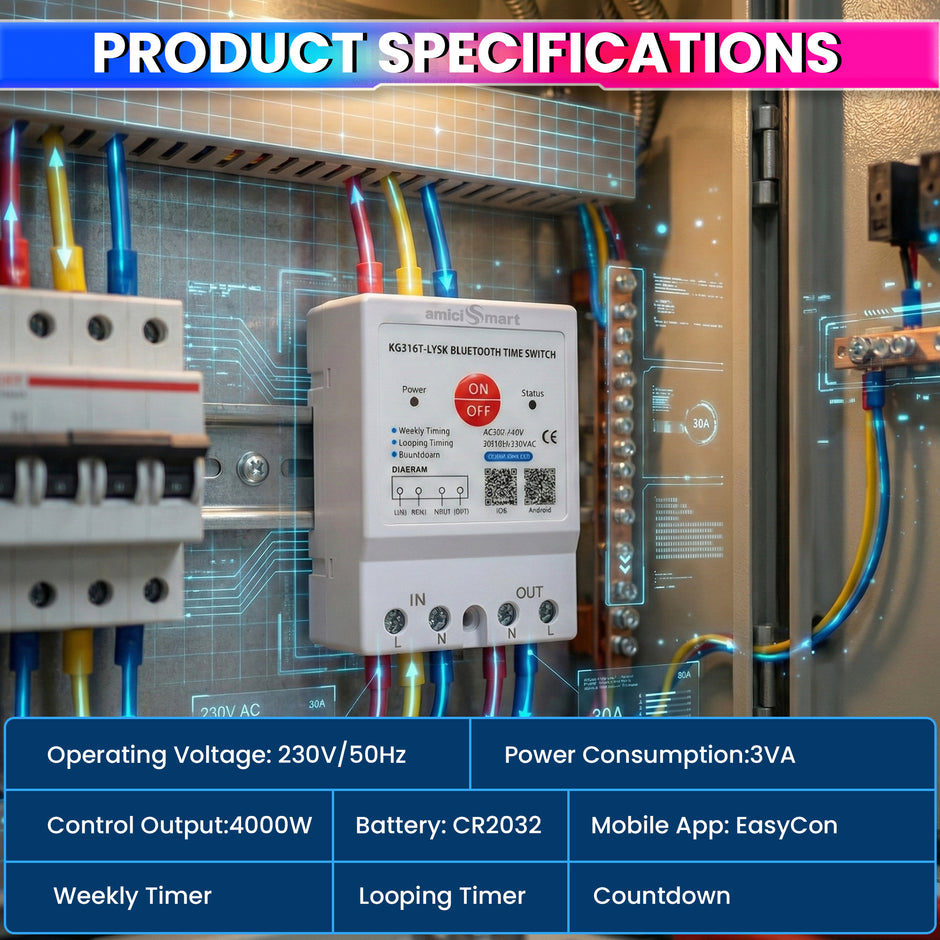 230V AC 30A Bluetooth Programmable Timer Switch DIN Rail Mounted