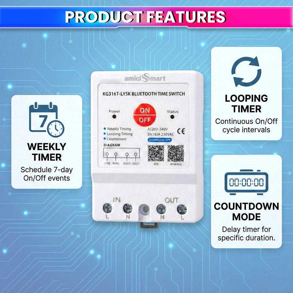 230V AC 30A Bluetooth Programmable Timer Switch DIN Rail Mounted