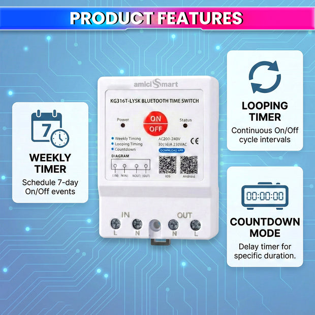 230V AC 30A Bluetooth Programmable Timer Switch DIN Rail Mounted