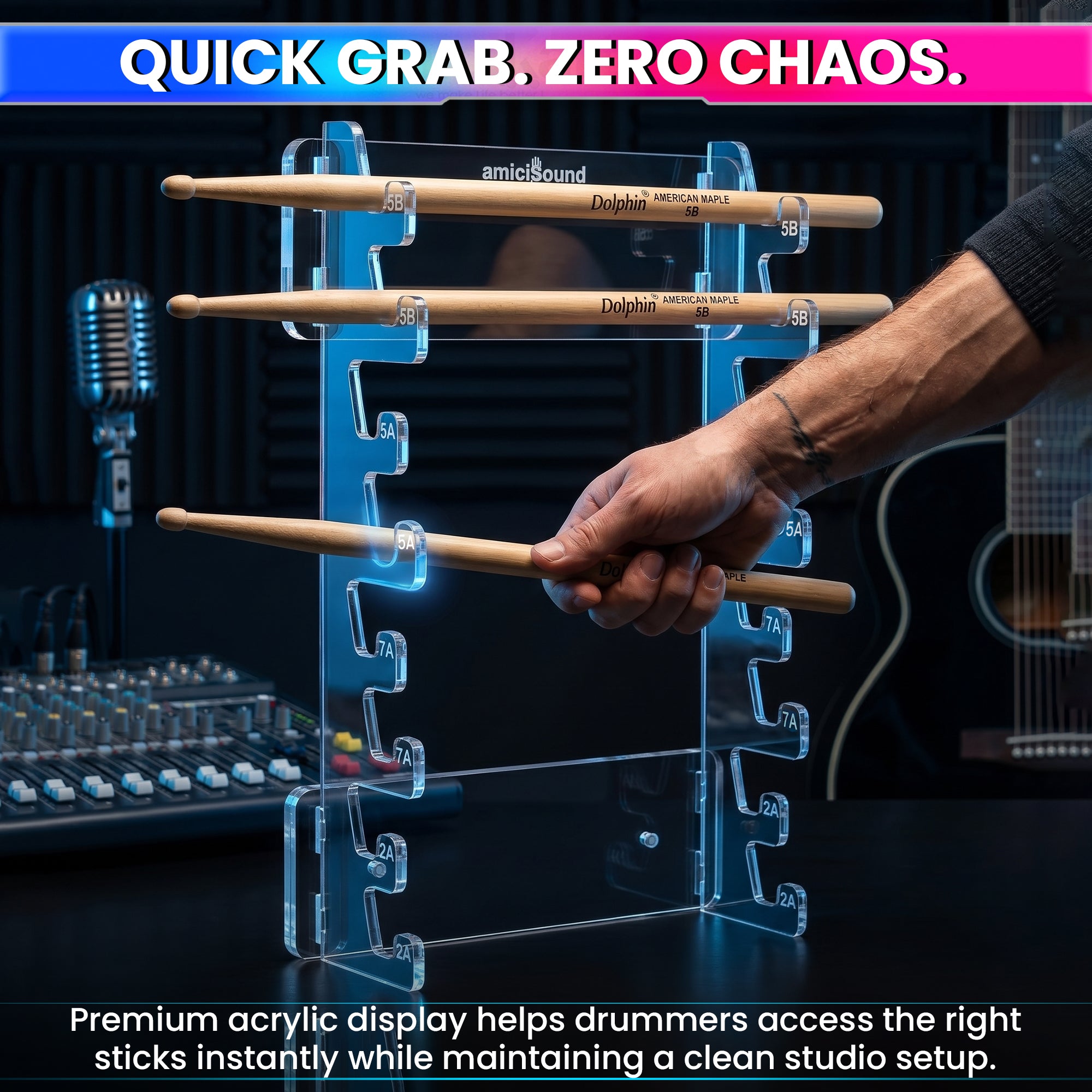 Premium Clear Acrylic Drum Stick Holder Wall Mount – Holds Up to 8 Pairs of Drumsticks