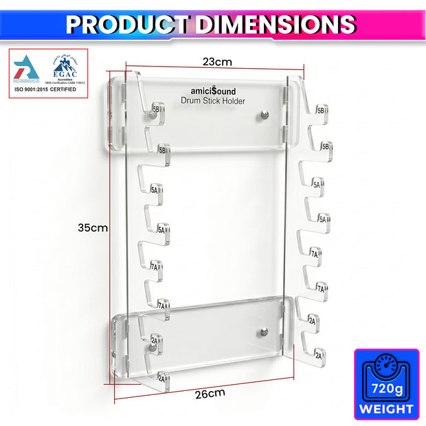 Premium Clear Acrylic Drum Stick Holder Wall Mount – Holds Up to 8 Pairs of Drumsticks