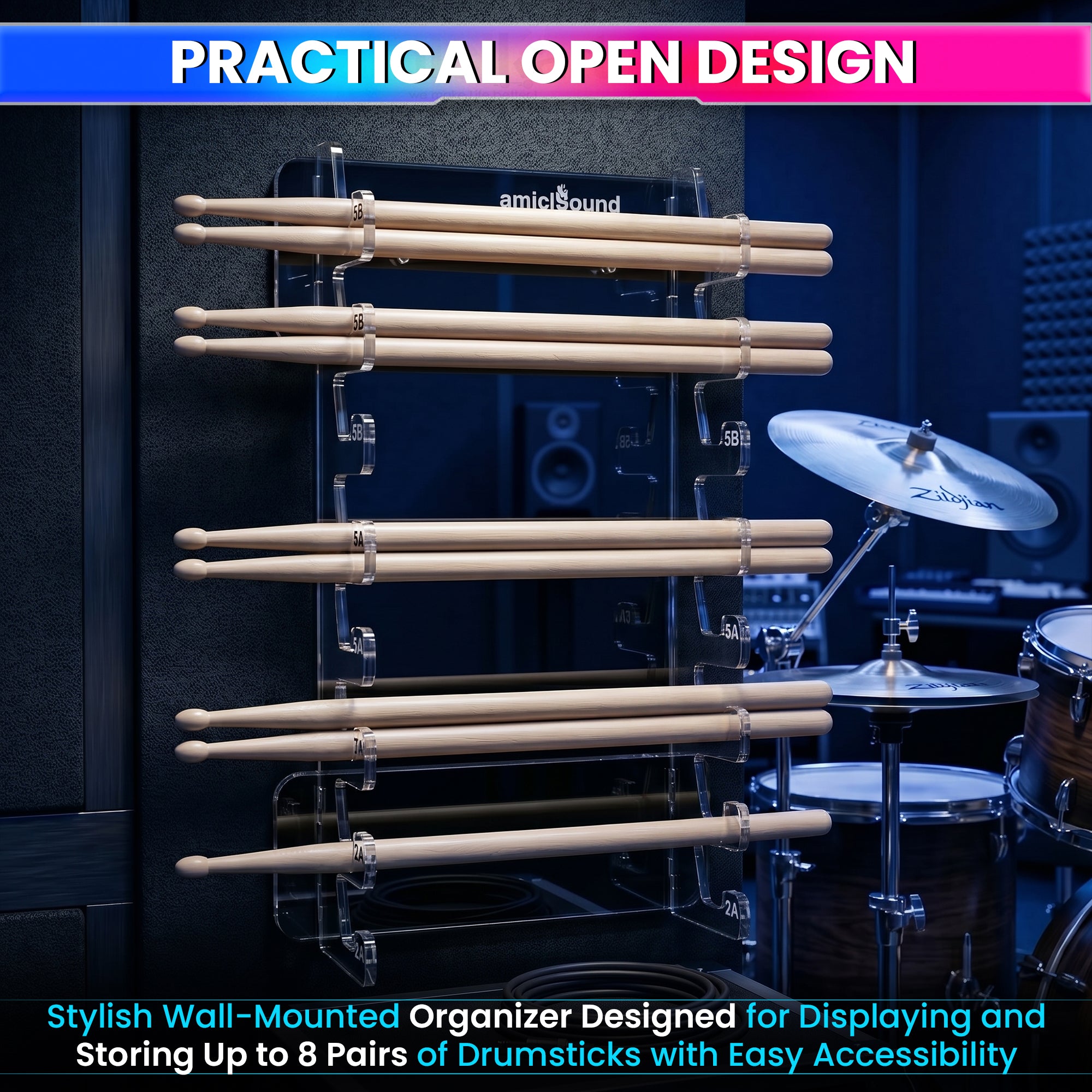 Premium Clear Acrylic Drum Stick Holder Wall Mount – Holds Up to 8 Pairs of Drumsticks