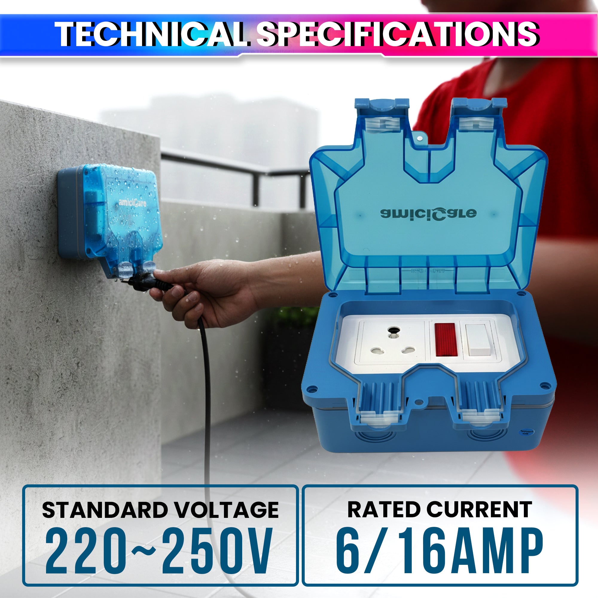 Waterproof Outdoor Power Socket, 6/16Amp Switch Socket with Lockable Cover & Dual Outlets, Wi-Fi socket