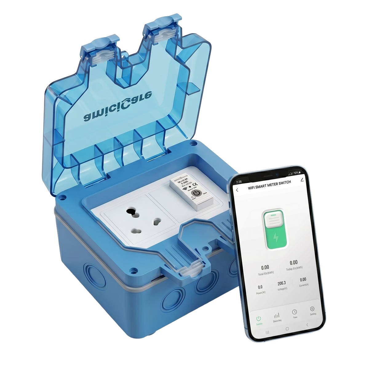 amiciCare WiFi socket with illustrative Smart Life phone screen