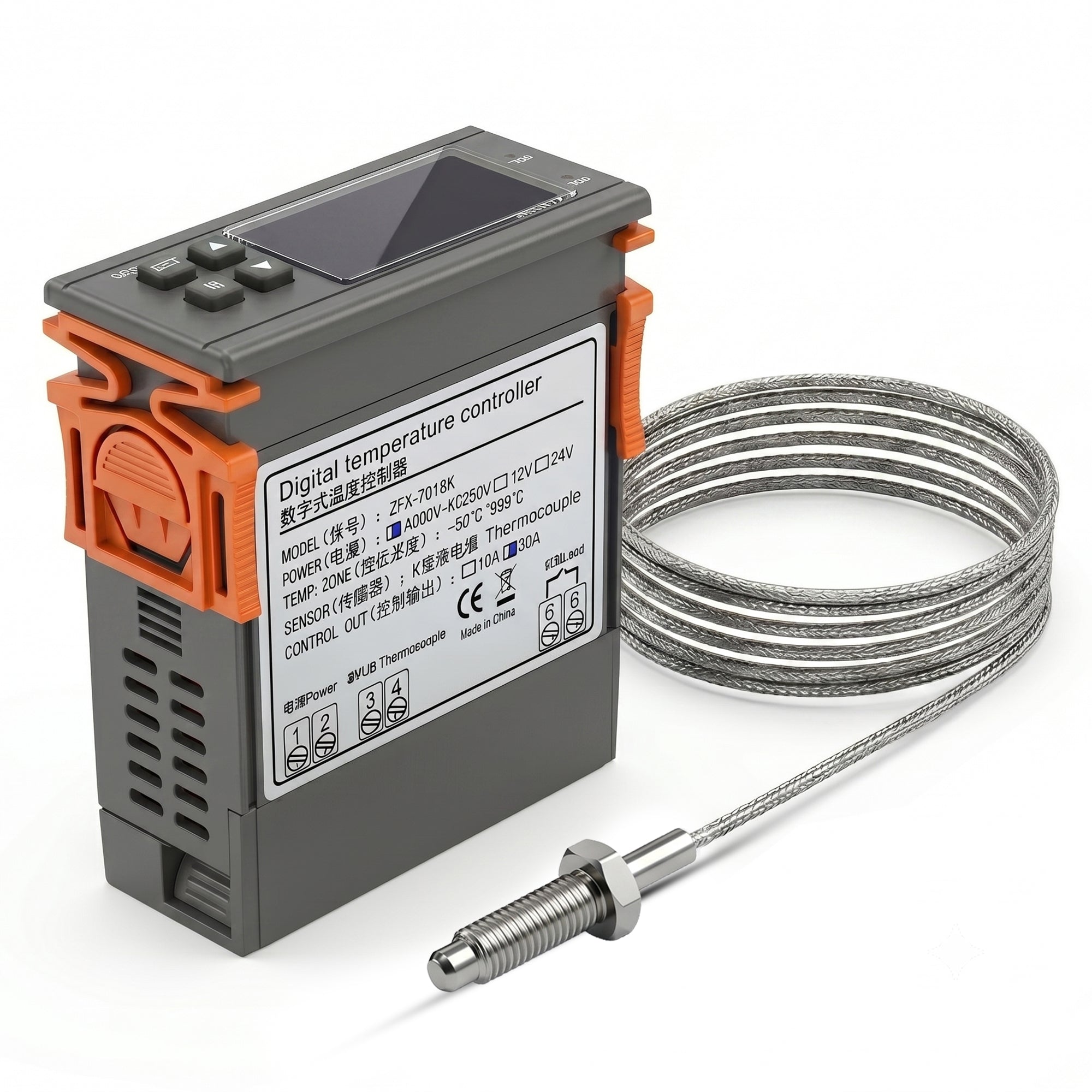 ZFX-7016K Digital Temperature Controller 220V 30A with K-Type Thermocouple Sensor