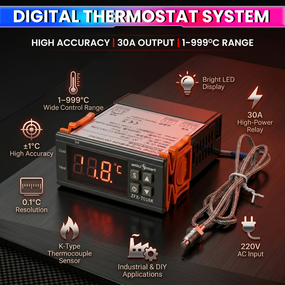 ZFX-7016K Digital Temperature Controller 220V 30A with K-Type Thermocouple Sensor