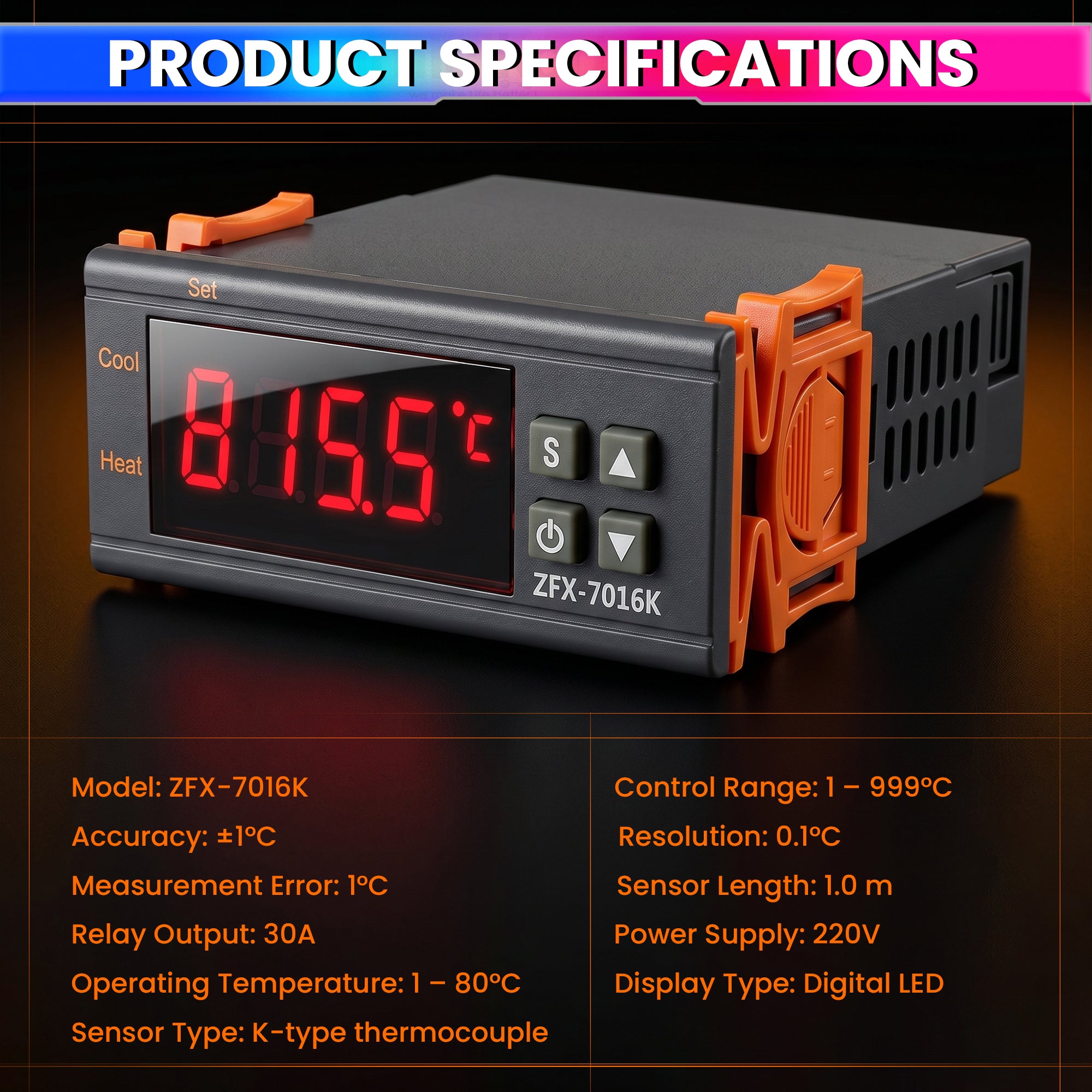 ZFX-7016K Digital Temperature Controller 220V 30A with K-Type Thermocouple Sensor