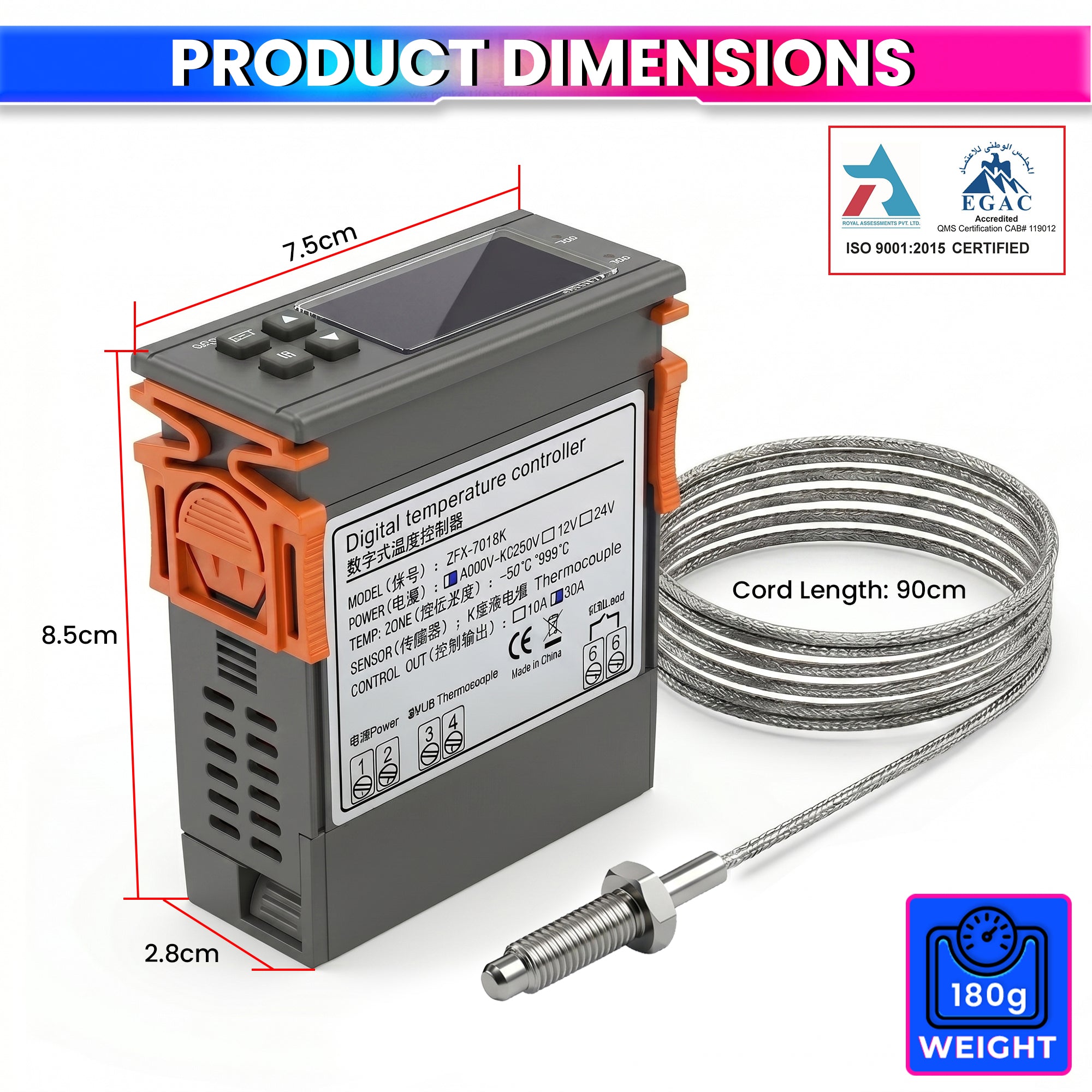 ZFX-7016K Digital Temperature Controller 220V 30A with K-Type Thermocouple Sensor