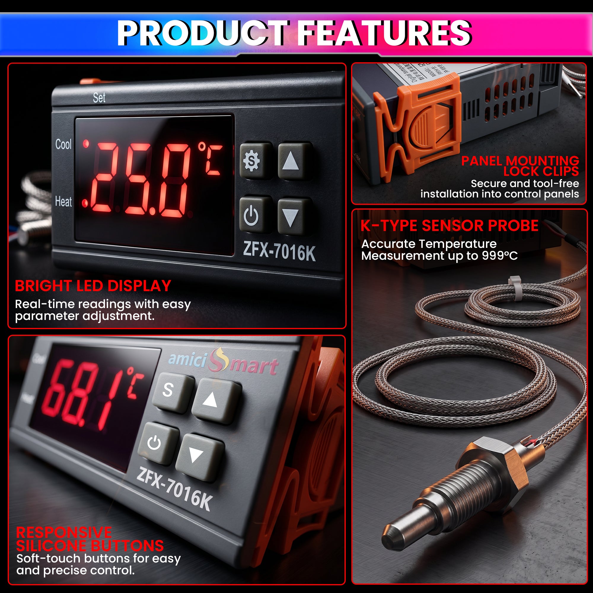 ZFX-7016K Digital Temperature Controller 220V 30A with K-Type Thermocouple Sensor