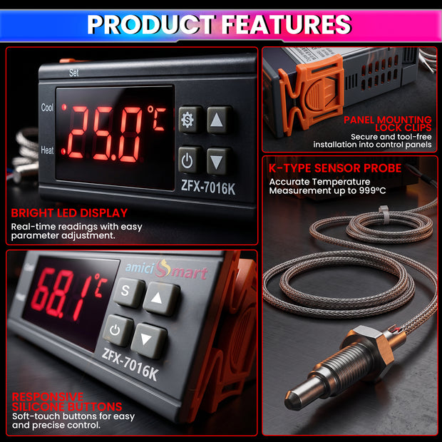 ZFX-7016K Digital Temperature Controller 220V 30A with K-Type Thermocouple Sensor