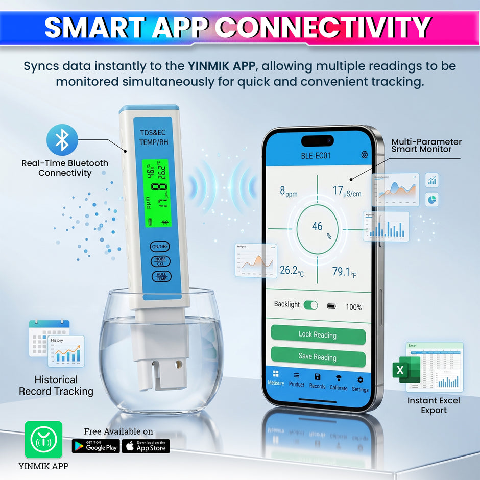 4-in-1 Bluetooth Water Quality Tester | Digital TDS & EC Meter with Temp & Humidity Monitoring | App Connected