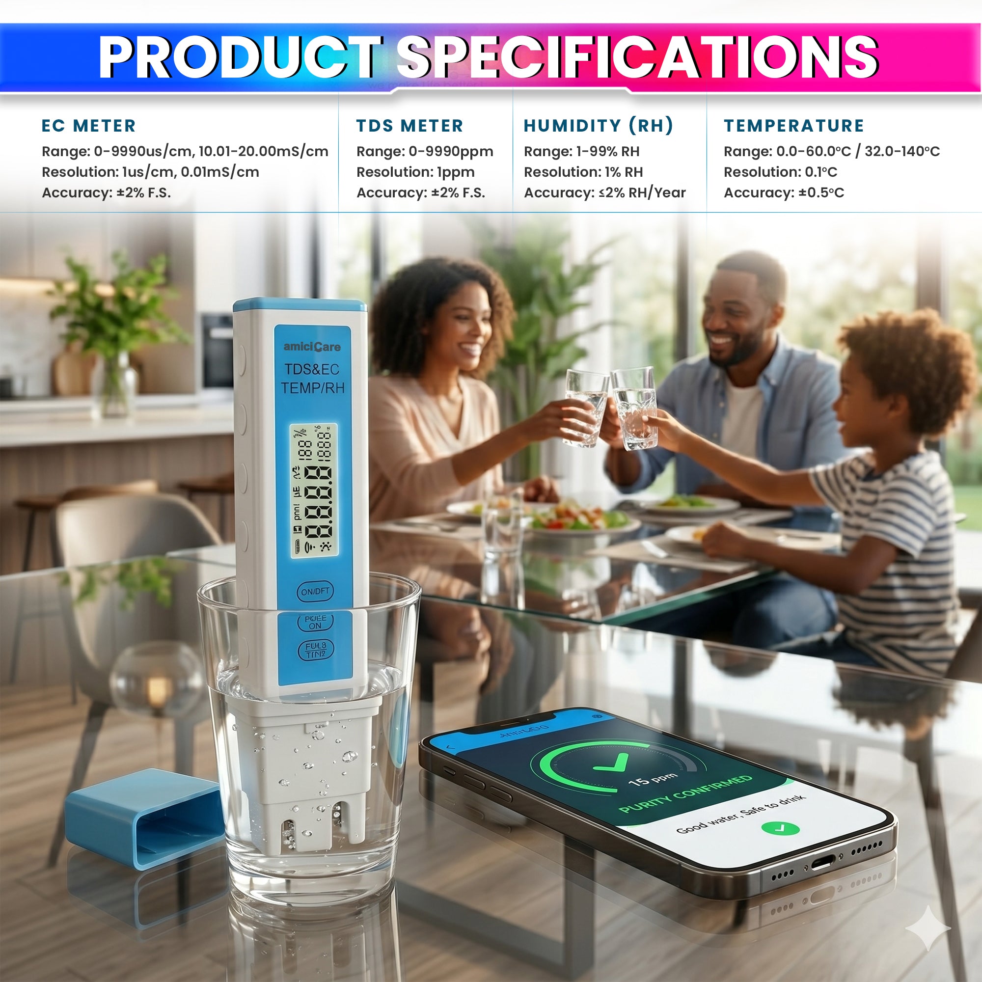 4-in-1 Bluetooth Water Quality Tester | Digital TDS & EC Meter with Temp & Humidity Monitoring | App Connected